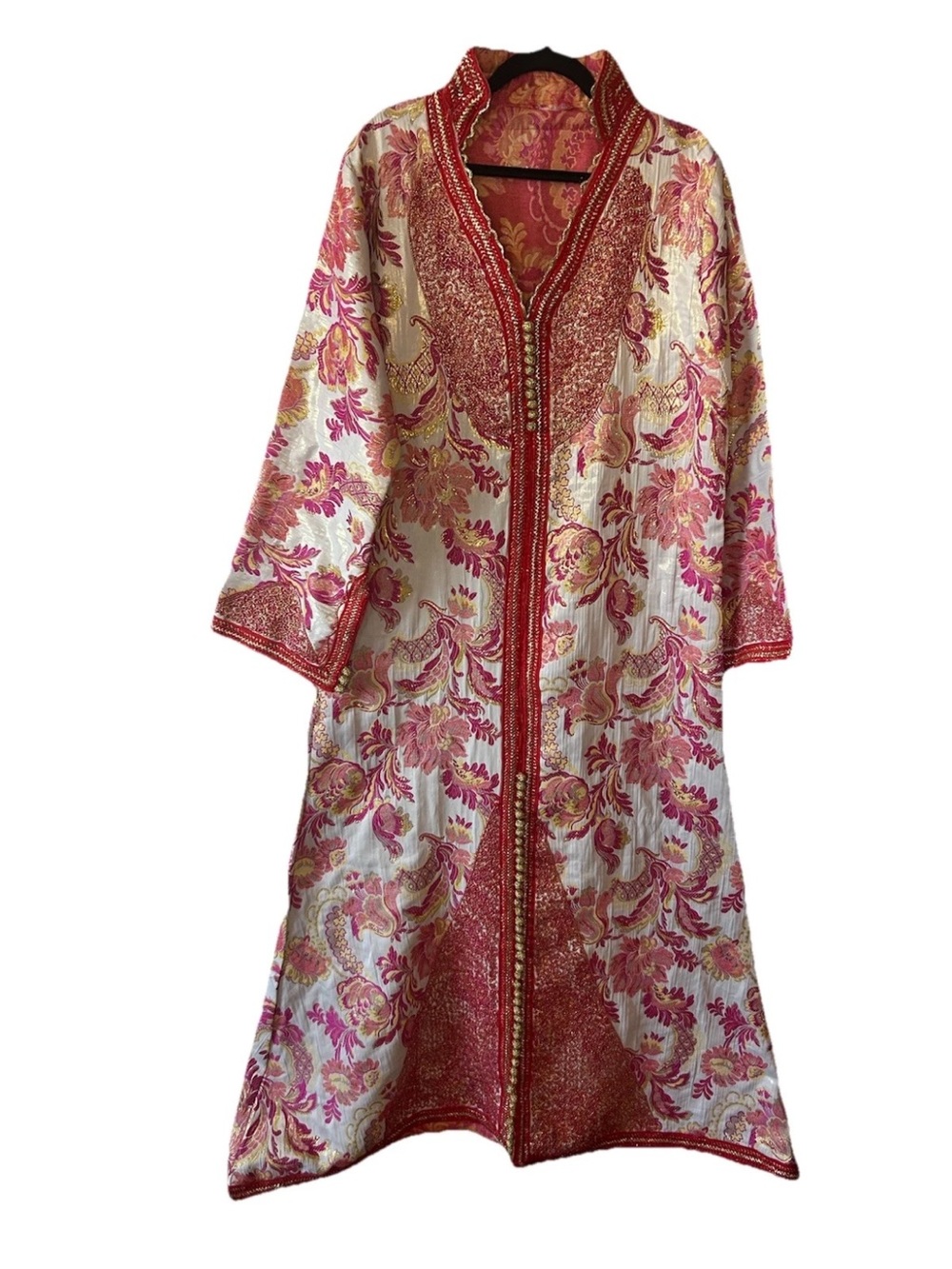 Vintage 1970’s Moroccan Brocade Kaftan Maxi Dress Pink Gold Embroidered L/XL